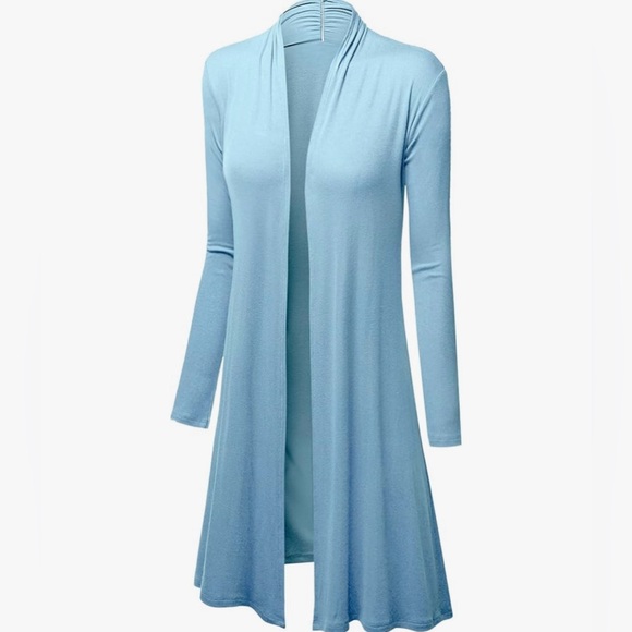 Sweaters - Solid Long Sleeve Open Front Long Cardigan -aqua